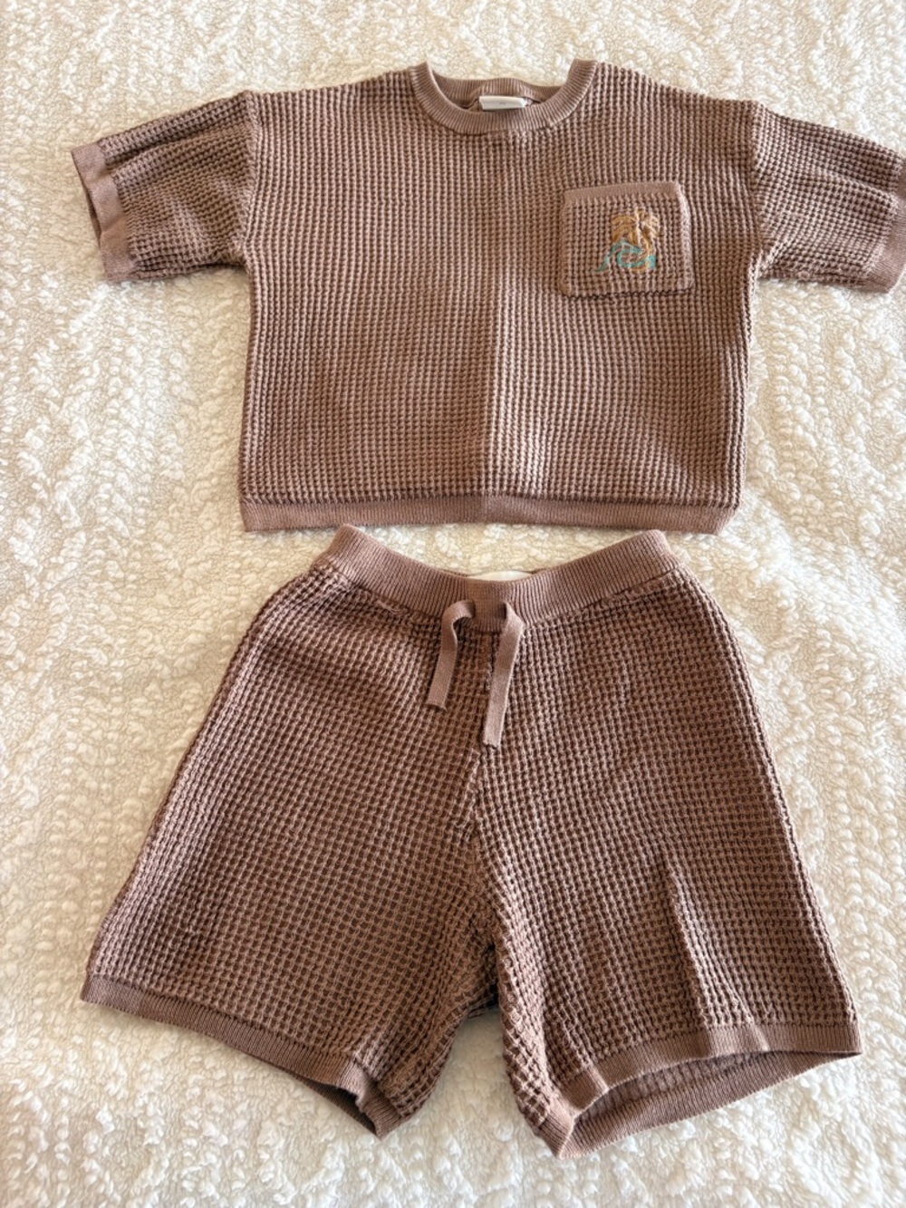 Zara Waffle Knit Short Set in Taupe with Embroidered Pocket
